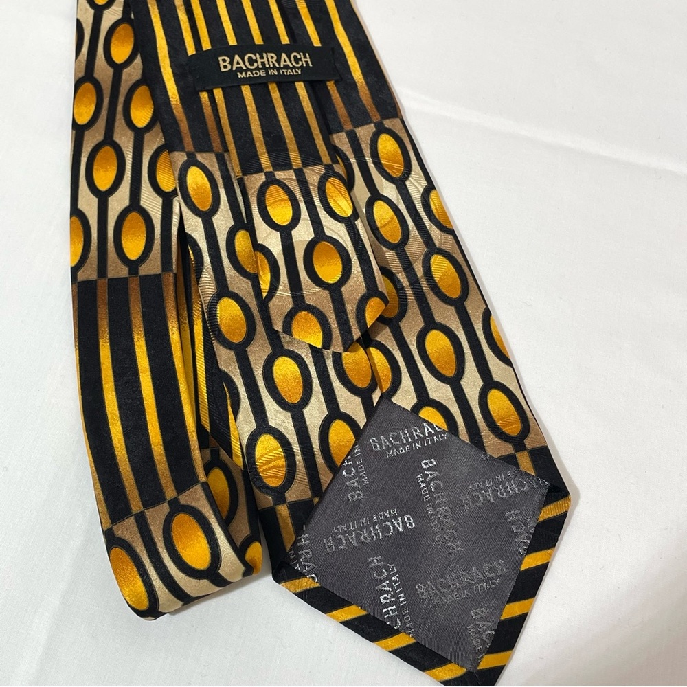 Bachrach Silk Italian Necktie Bold Graphics Black Golden Orange Wide - Picture 3 of 6